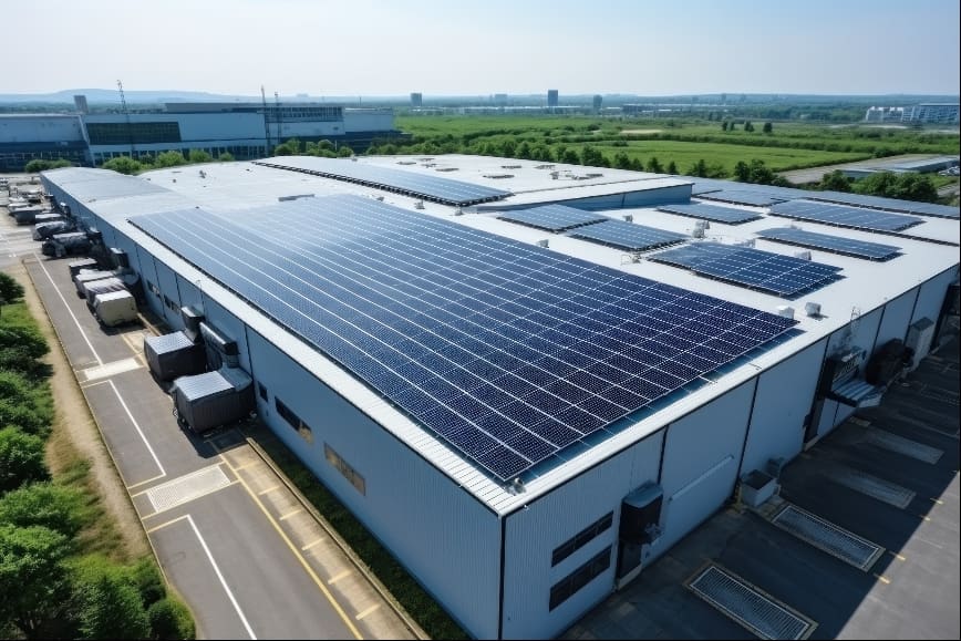 lots of solar panels on roof of large warehouse